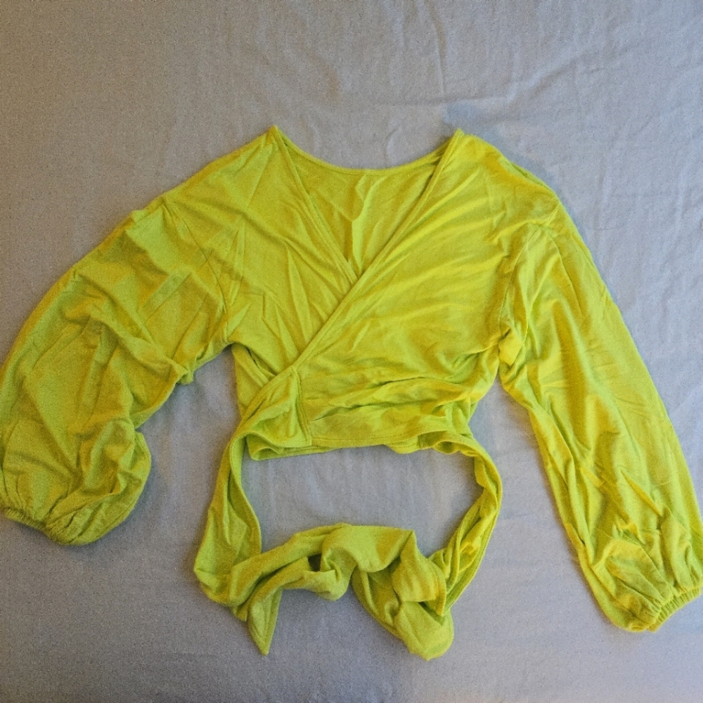 The Drop Sulphur Spring Tie Back Top Neon Yellow Blouson Sleeve Cotton Modal